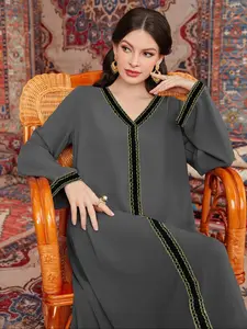 Middle Eastern Casual Loose Lace Dress, Women's Fashion Long Sleeve A-Line Maxi Dress, Spring & Fall Elegant, Classy Modest Dresses, Modest Muslim Outfits