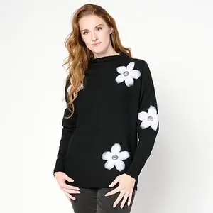 Nina Leonard Funnel-Neck Knit Appliqué Sweater