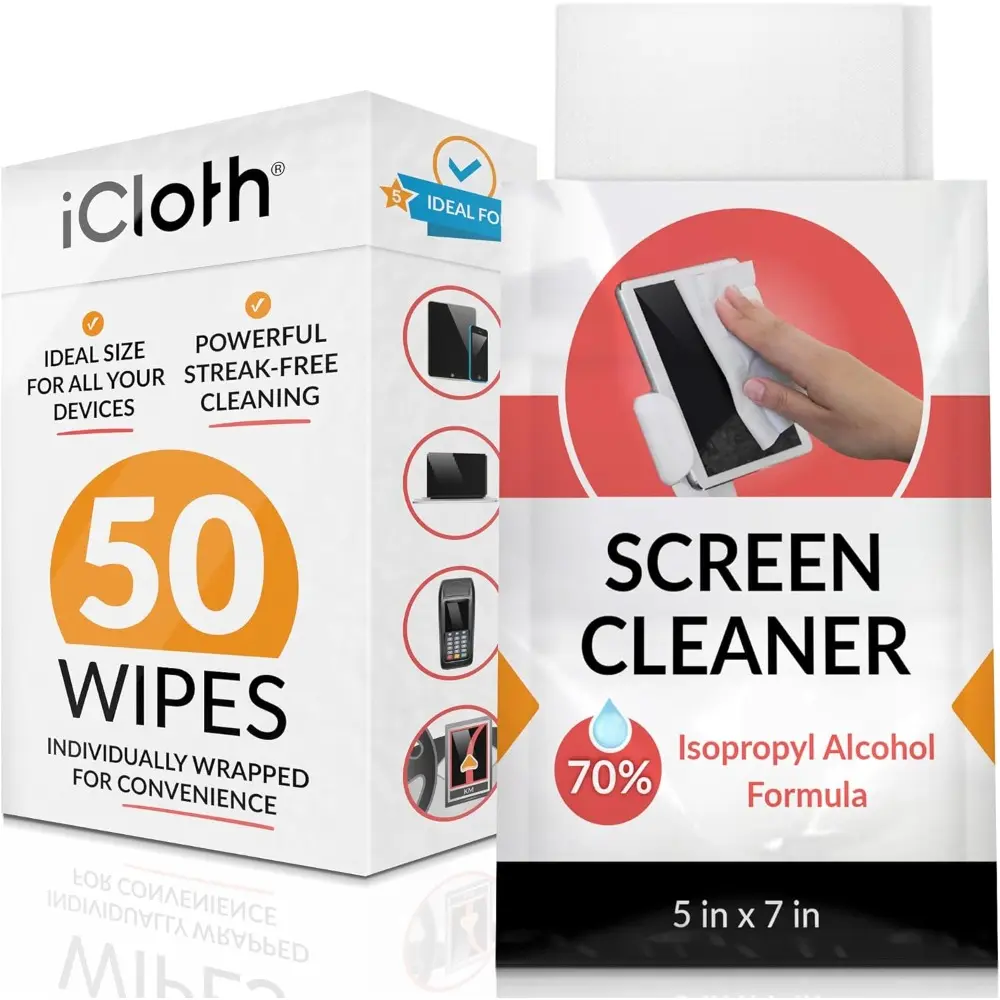 iCloth 70% Isopropyl Non-Woven Electronics Screen Cleaner Wipes for Car Large Screens & Smartphones, Deionized Water, Lint-Free, Streak-Free, Fast-Drying, Gentle & Flawless Clean Dust/Fingerprint Remover (50 Wipes), Smartphone, Gentle And Flawless Clean