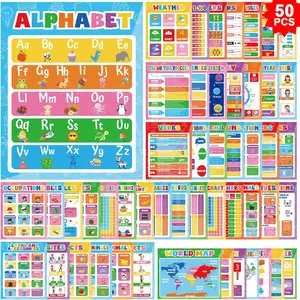 50 count Educational Posters for    Elementary Homeschool Supplies English Maths All-in-One 13.8 x 11 Inch Alphabet Learning Chart Classroom Wall Decor Teaching Supplies