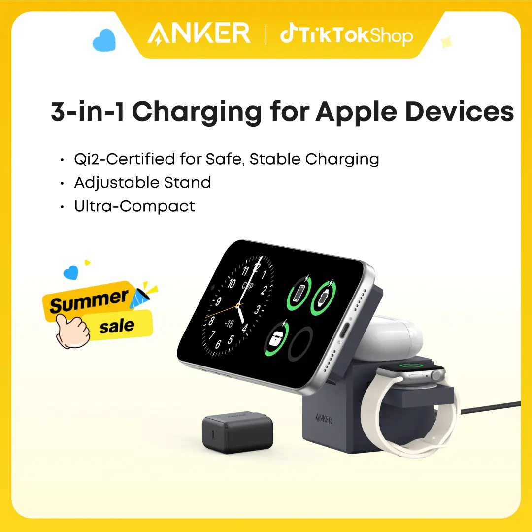 Anker 3-in-1 MagSafe Charger Stand, Foldable, 15W Fast Charging for iPhone 17 / 16 / 15 / 14 Series, Apple Watch, and AirPods (Charger and Interchangeable Plugs Included)
