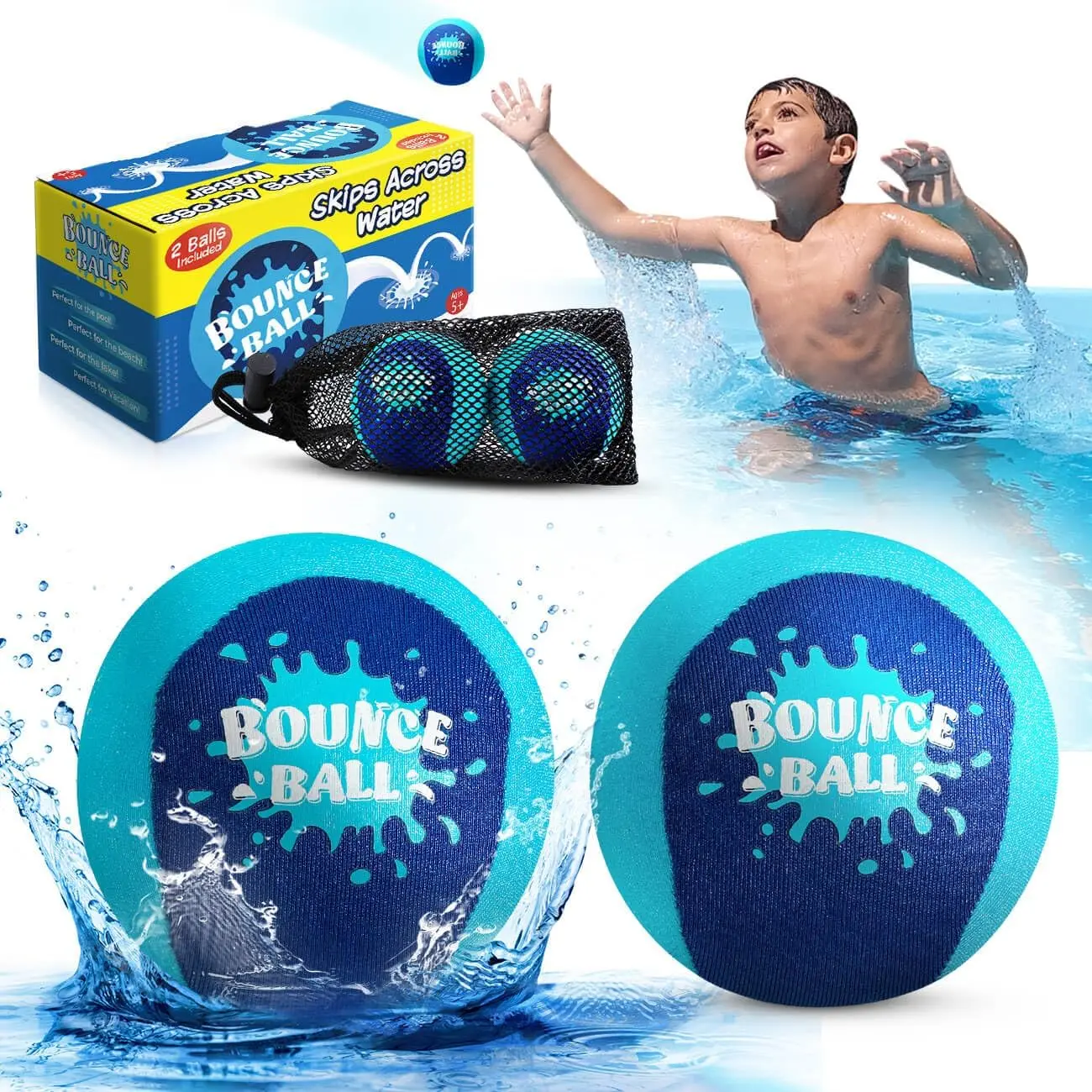 Water Skipping Ball | 2-Pack Bounce Balls | Water Bouncing Beach Balls & Grip Ball | Pool Toys for Kids Age 5-8-12 | Great Summer Water Toy for Beach Swimming Pool River Lake