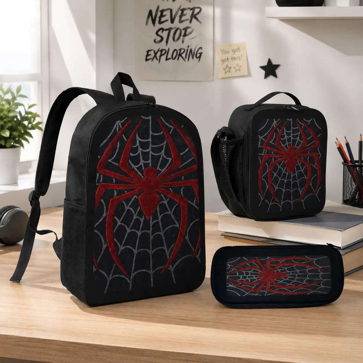 Trendy Red Spider Web Aesthetic Backpack 3-Piece Set, Dark Arachnid Hero Graphic Bookbag with Lunch Bag & Pencil Pouch, Cool School Supplies for Teens, Back to School & Holiday Gift Ideas
