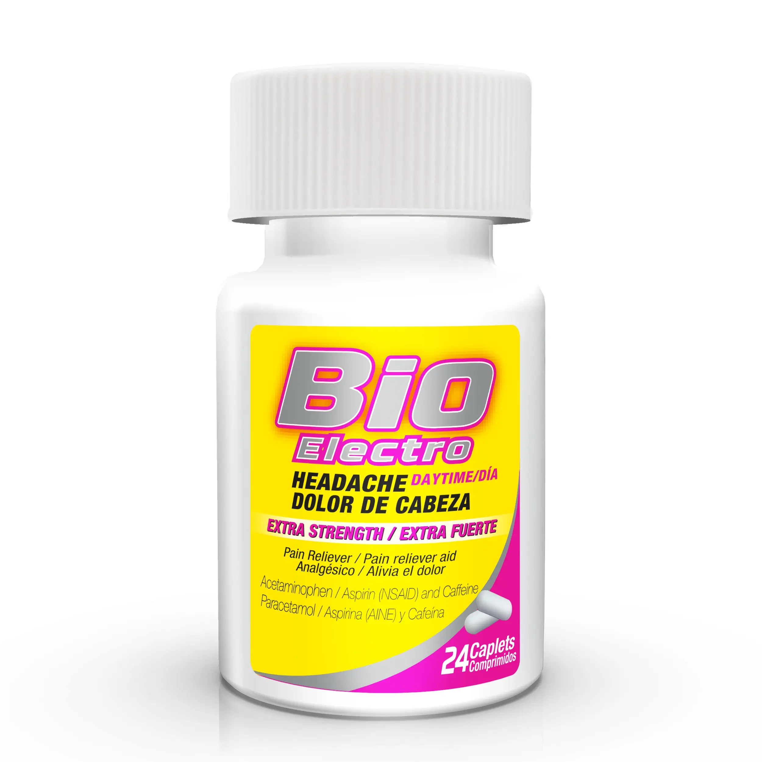 Bio Electro Headache Relief Tablets, Pain Reliever with Aspirin, Acetaminophen & Caffeine.  Toothache, Cold-Related Aches & Muscular Aches Relief, 3-in-1 Pain Relief, 24 Count (1 Pack)