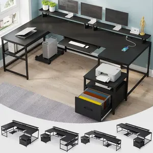 SIKAIC 101.5 in U-Shaped Reversible L-Shaped Computer Desk (Computer Table) - Office Furniture with Integrated Storage, File Drawer, Power Outlet, and Keyboard Tray