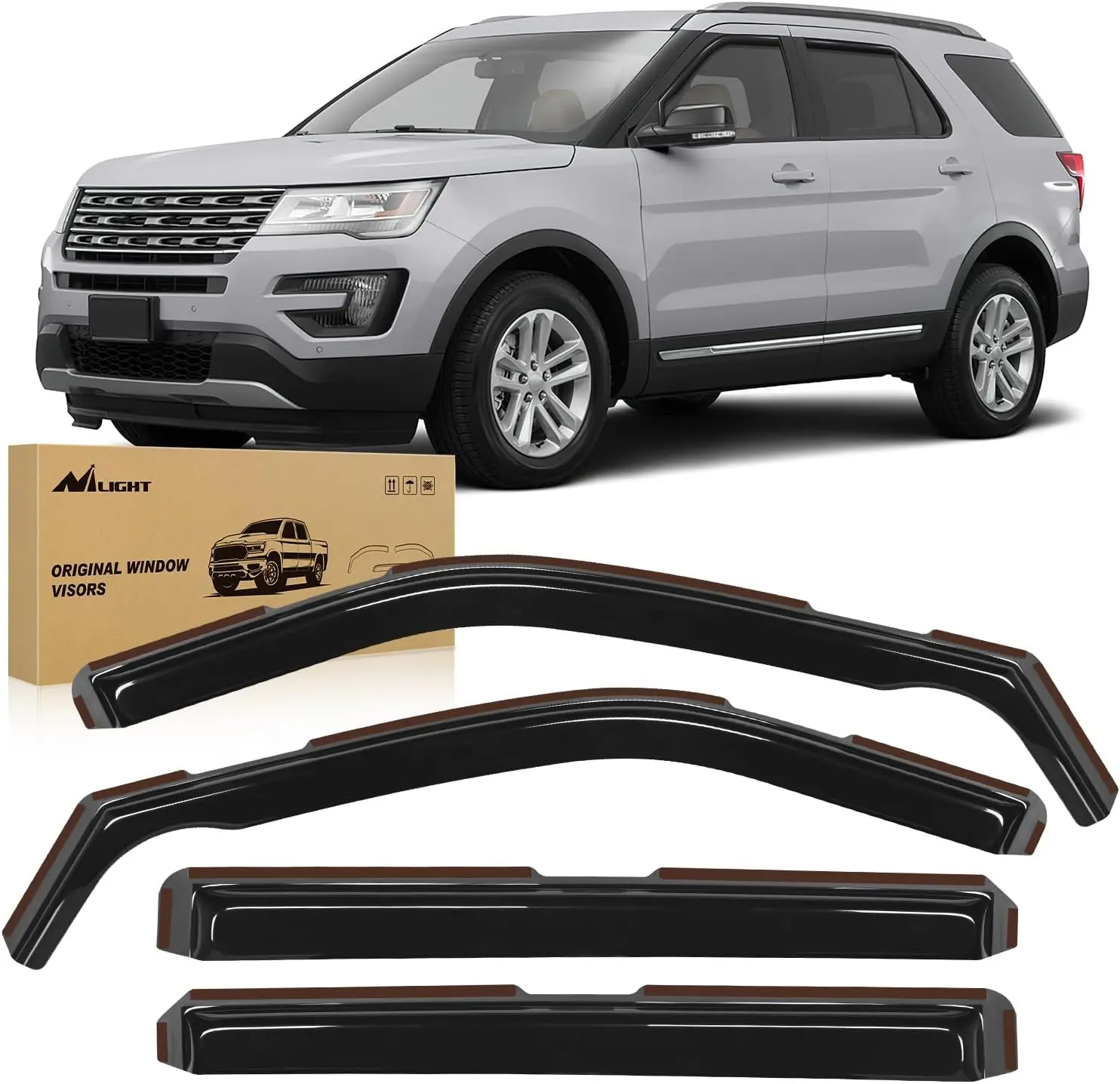 Nilight Acrylic In-Channel Vent Window Visors for Ford Explorer 2011-2019 - 4PCS Tool-Free Rain Guards with Clips, Double-Sided Tape - Automotive Car Exterior Accessories