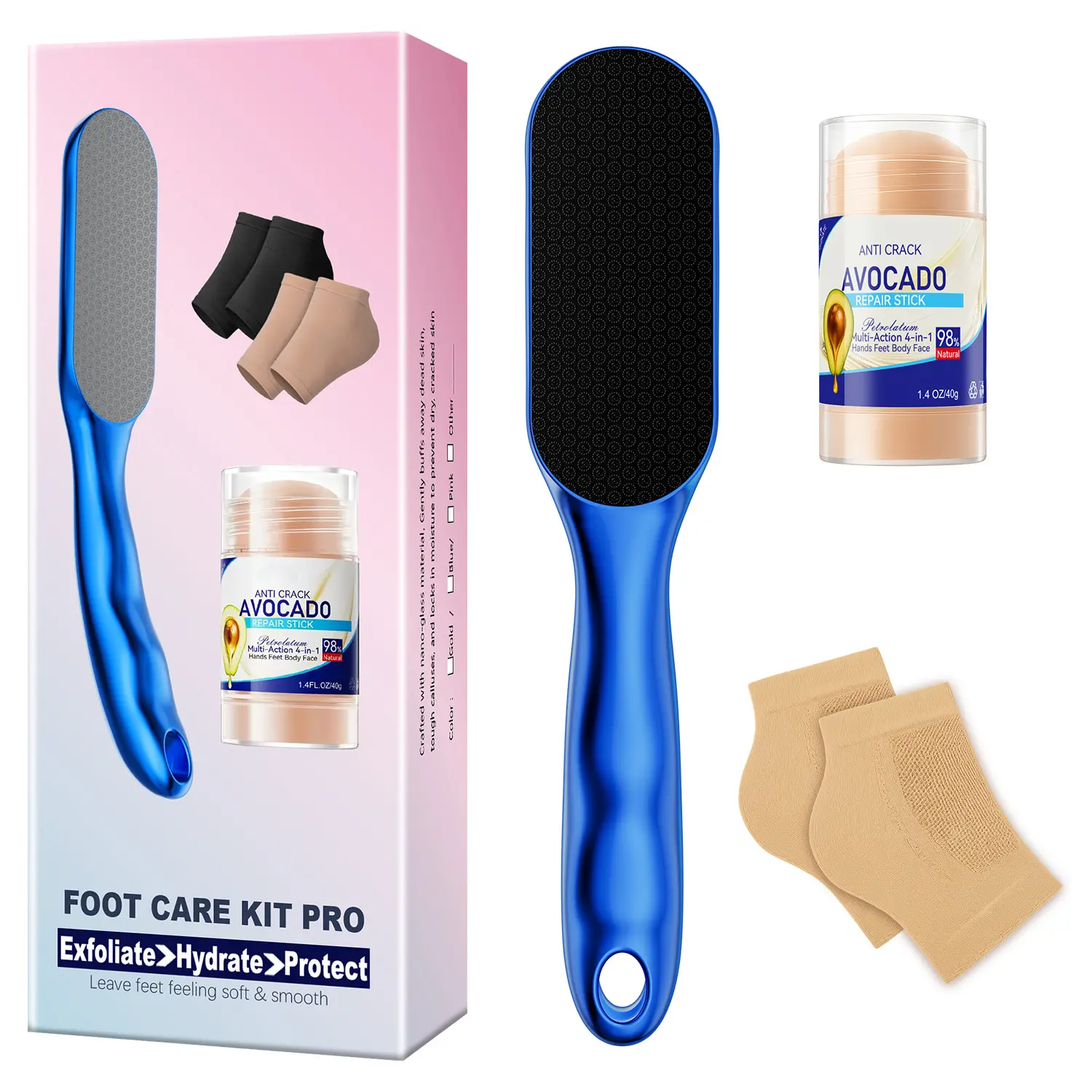 3-in-1 Foot Care Kit: Nano Glass Callus Remover  Gel Heel Socks Anti crack avocadofootcallusremover Hard Skin Remover  Safe to Remove Hard&Dead Skin Foot Scrubber,Wet and Dry Feet Callus Remover for Feet, Long Lasting Foot Buffer, Pedicure Wand