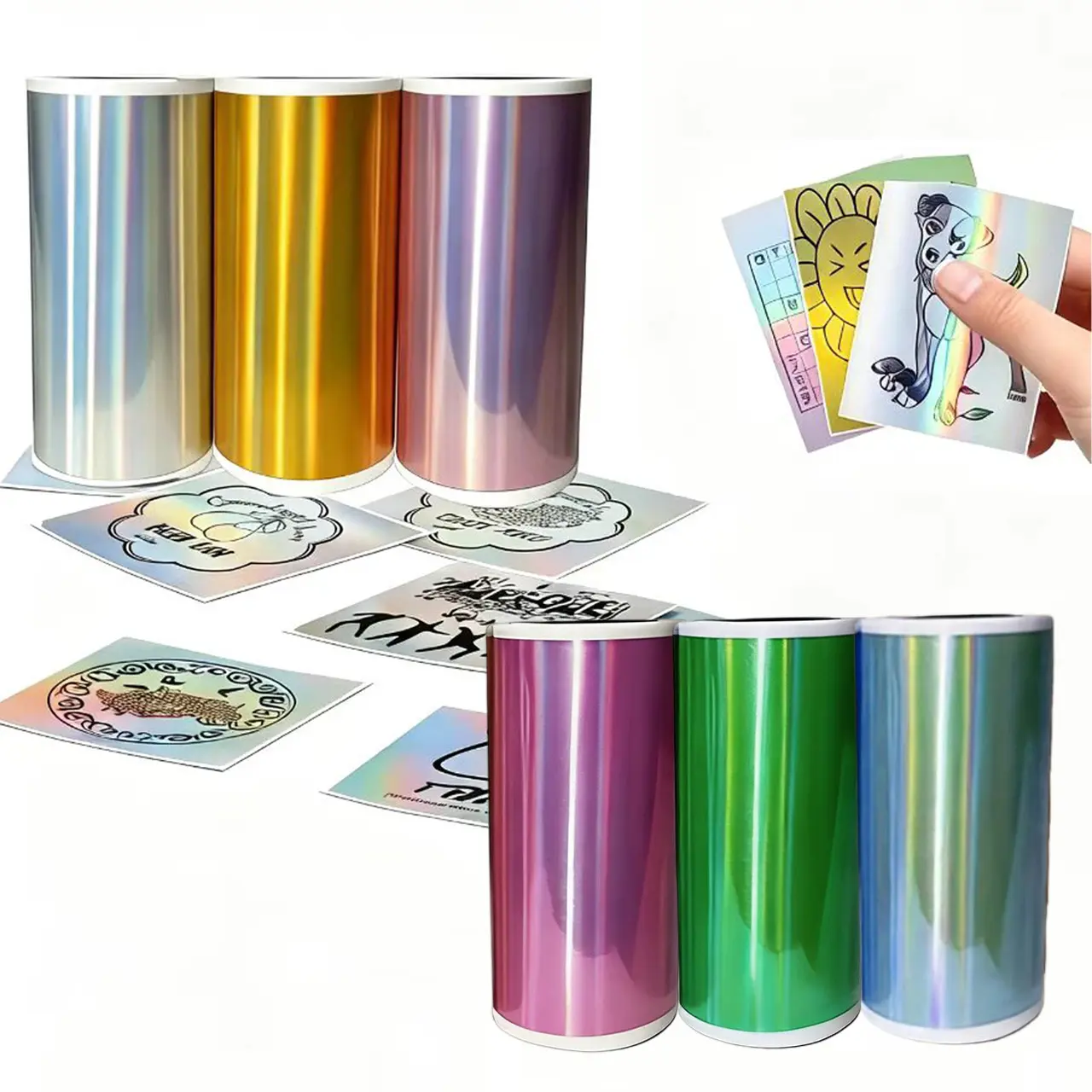 Thermal Holographic Stickers (6 Rolls, 57mm Wide) - Silver, Gold, Purple, Blue, Green Options - Compatible with C9-C15-C19-X5-X6-T02-M02 Mini Printers for Barcode, Logo Design Use, 3/6 Rolls, 6 Rolls Of Multicoloured Holographic Stickers