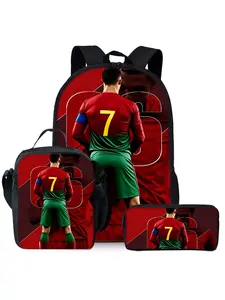Football star red and green printed backpack three-piece set, including lunch bag, pencil case, and backpack