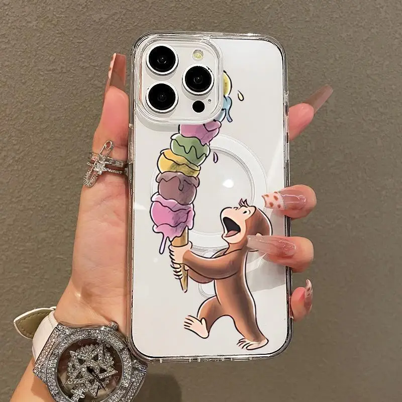 Trendy Magnetic Case Suitable for IPhone11/12/13/14/15/16/17/pro Promax Plus Air, Monkey with Tall Ice Cream Ultra Slim, MagSafe Support, Shockproof | Playful & Fun Style