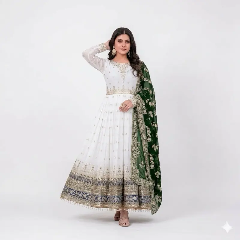 Women's Classic Cut Elegant Indian Long Dress - White with Green Embroidery, Long Sleeves, Original Lady's Casual Piece for Summer Womenswear, Elegance, Embroidered Grace, Casual Wear