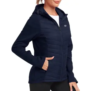 Womens Fleece Lined Softshell Jacket Hooded Lightweight Insulated Puffer Hybrid Down Jacket Full Zip Running Coat