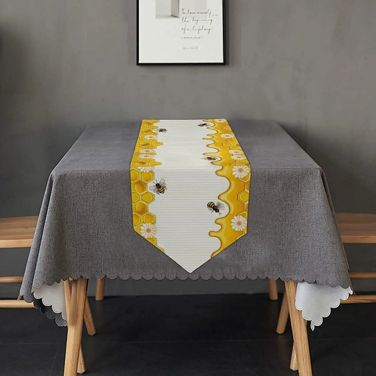 Bees Table Runners Yellow Honey Bee Daisy Flower Honeycomb Farmhouse Decorations Table Runner for Home Kitchen Dinner Party Indoor Outdoor Decor 13x70 Inches Long