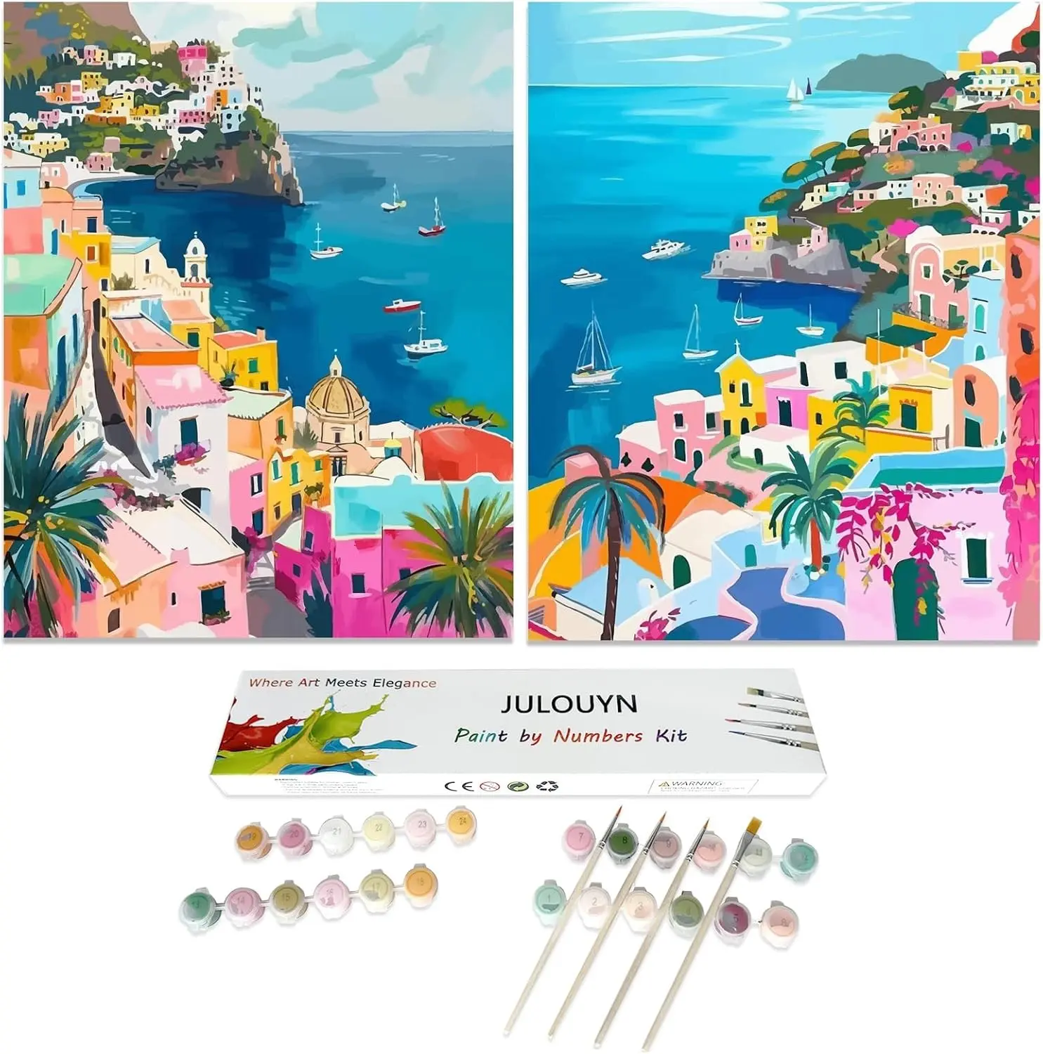 2 Pack Paint by Numbers Kit for Adults Italy Amalfi Coast, 16x20in, Easy to paint for beginners elderly, DIY art with magnifying glass, relaxing stress relief canvas for home wall decor