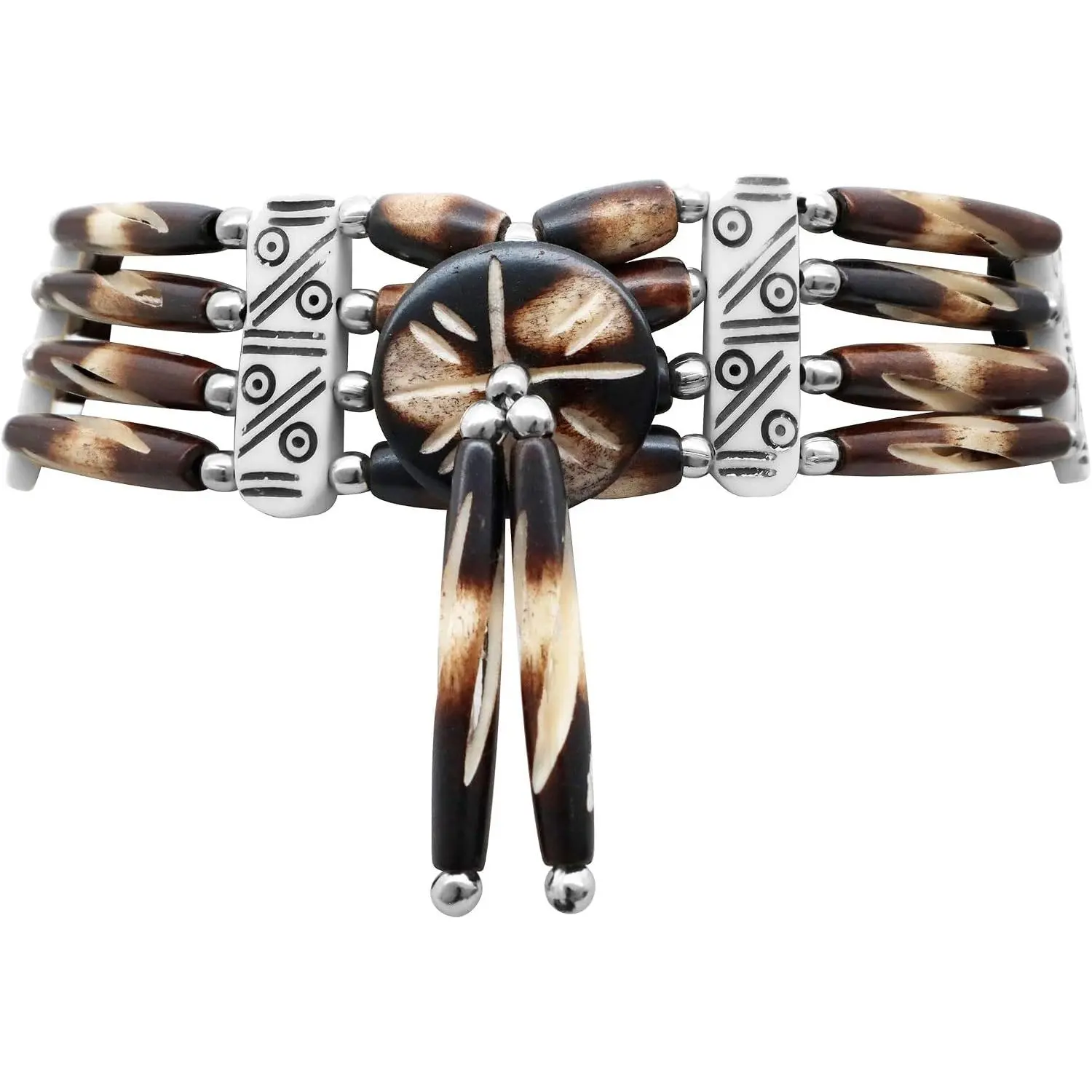 outROAR Gear American Indian Style Bone Choker Necklace, 4 Row Brown/White Striped Traditional Hairpipe Beads, Unisex Adjustable