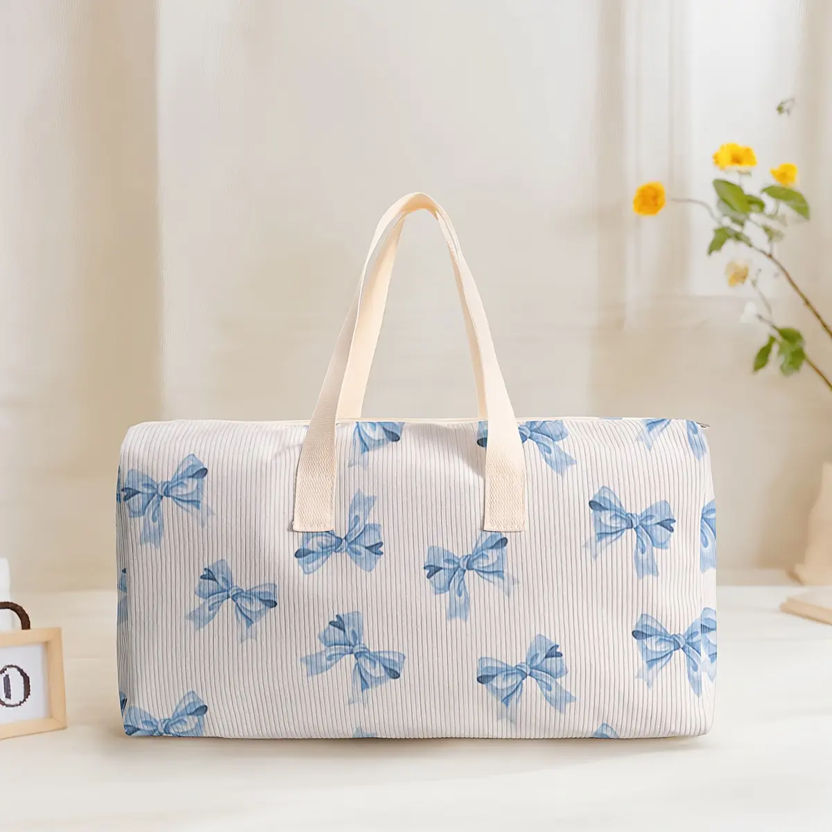 Large Capacity Multifunctional Weekender Travel Bag Luggage Backpack, Blue Bow Print Yoga Fitness Handbag, Ideal for Short Trips Weekend Getaways Daily Commute, Traveling Bag, Commuter Bag, Travel Essentials Bag