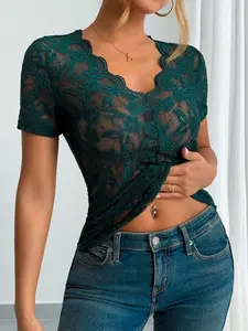 V Neck Short Sleeve Lace Top, Sexy Transparent Slim Fit, Waist Cinched, Short Length, Perfect for Dating and Night Out, Womenswear