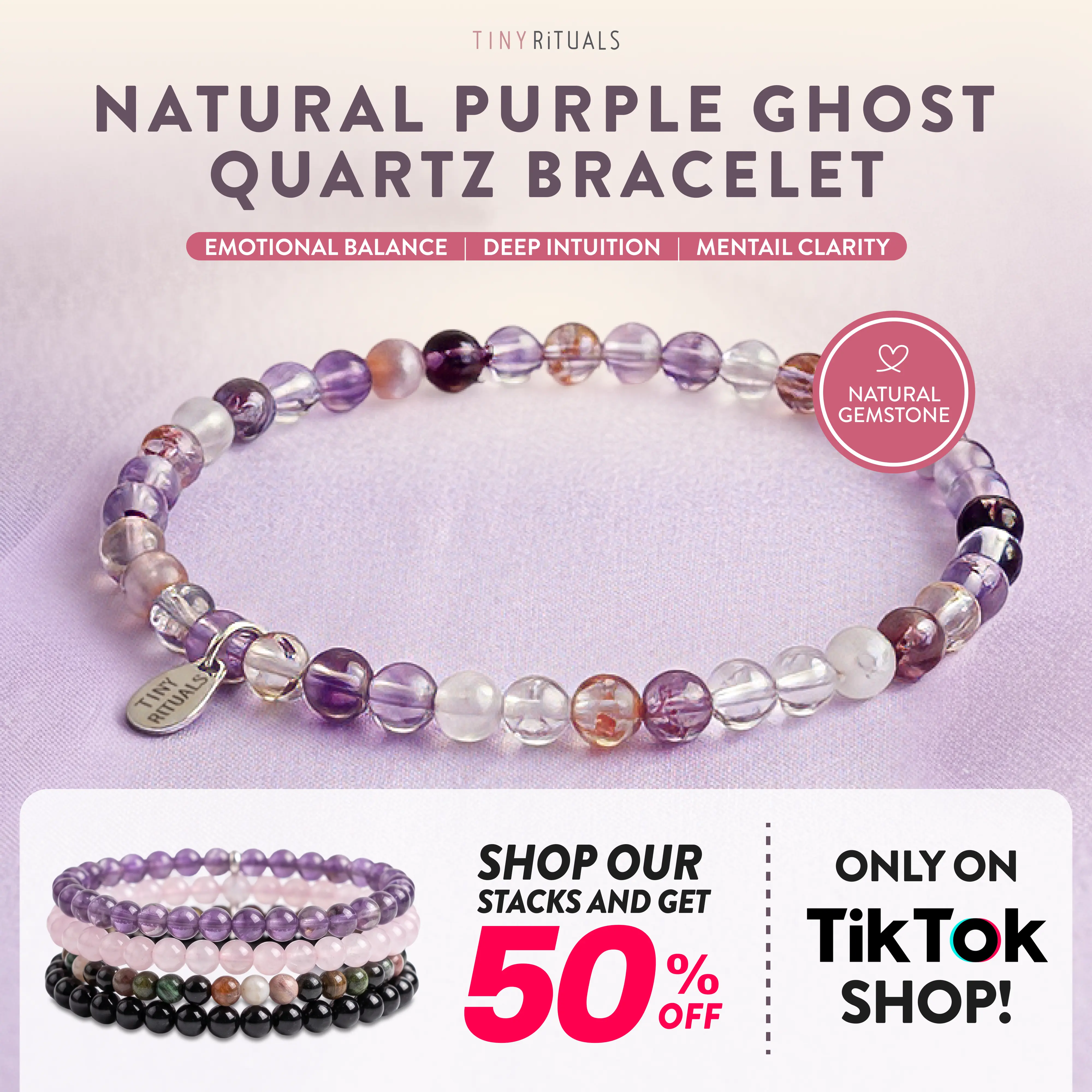 TINY RiTUALS Natural Purple Ghost Quartz Crystal Healing Bracelet Bracelts TINY RiTUALS Natural Purple Ghost Quartz Crystal Healing Bracelet Bracelts