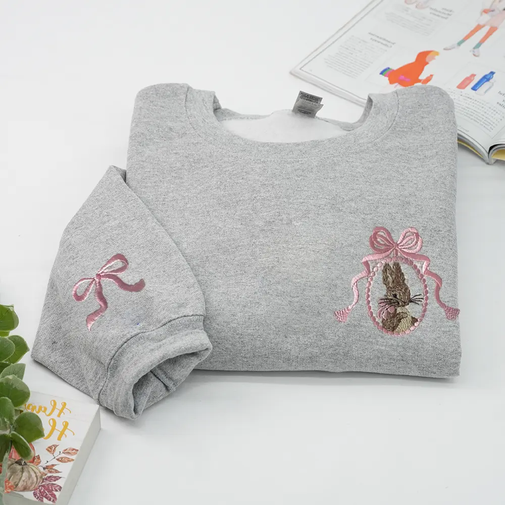 Embroidered Bunny Sweatshirt, Vintage Pink Bow Crewneck, Cute Easter Sweatshirt, Cozy Spring Pullover, Bunny Lover Gift for Her