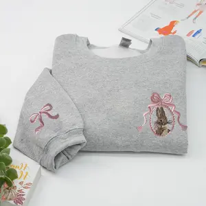 Embroidered Bunny Sweatshirt, Vintage Pink Bow Crewneck, Cute Easter Sweatshirt, Cozy Spring Pullover, Bunny Lover Gift for Her