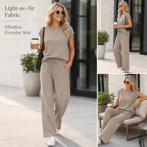 2026 Summer 2 Piece Outfits for Women, Cap Sleeve Top & Wide Leg Pants Set, Soft Silky Casual Lounge Travel Set with Pockets