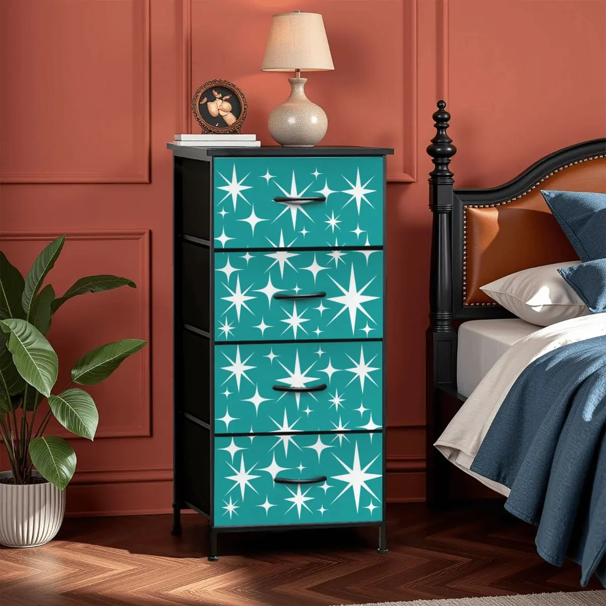 Atomic Starburst Teal White Mid Century Modern 4-Drawer Dresser