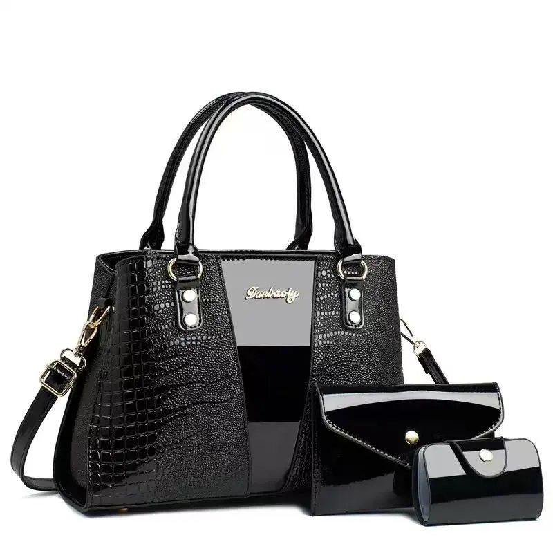 Fashionable Crocodile Pattern PU Handbag Set 3 Piece Crossbody Bag Large Capacity Travel Shoulder Bag with Coin Wallet and Card Holder for Women
