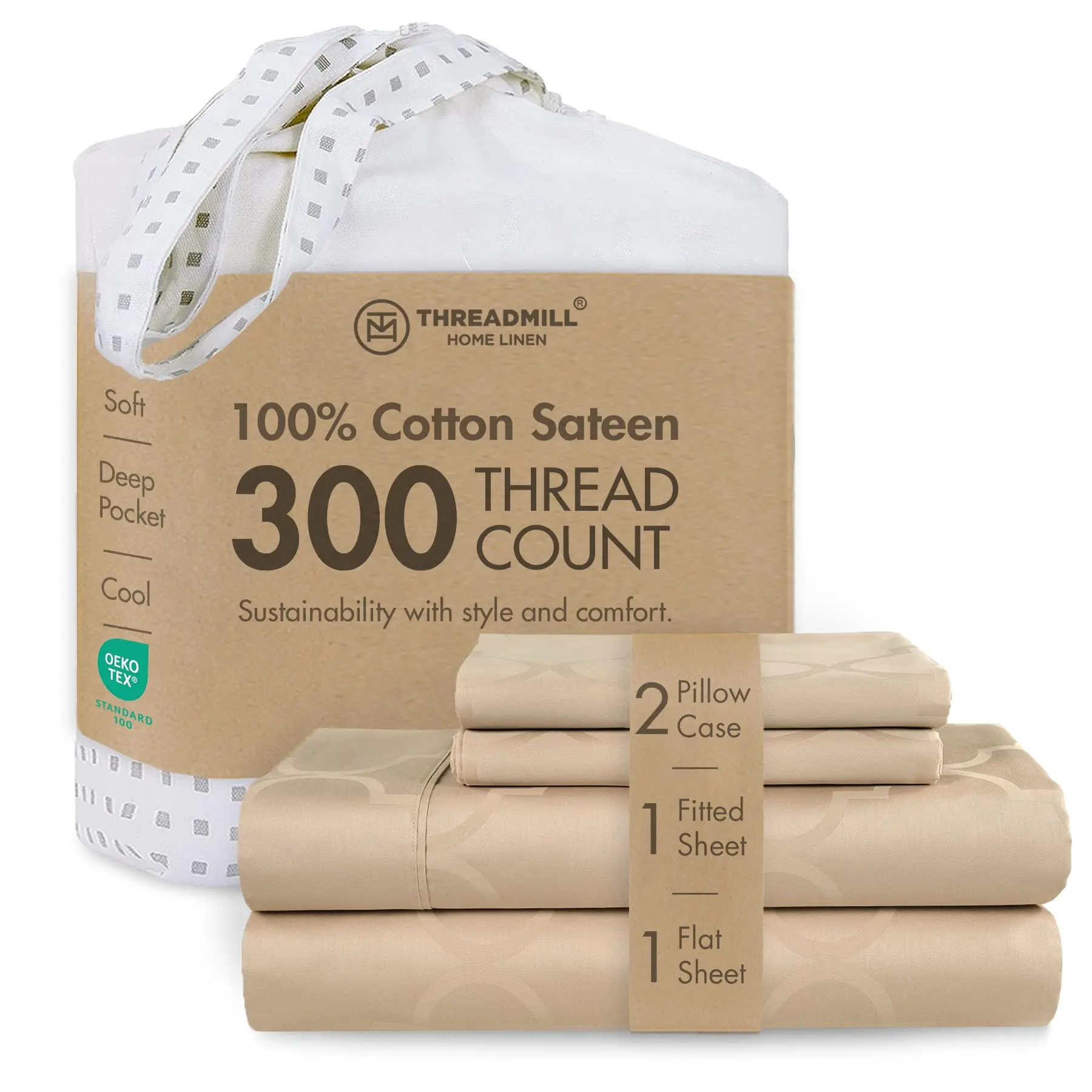 Threadmill Home Linen 100% Cotton Sheet Set - 300 Thread Count, Breathable Soft Bedding, Comfortable Bedding Sets