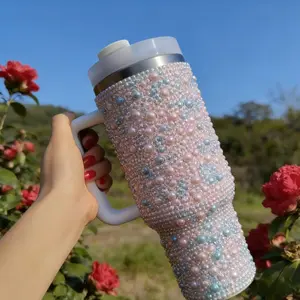 Pearl Diamond 40oz Stainless Steel Car Cup Tumbler with Handle & Straw, Stylish Shiny Thermal Water Bottle, Reusable Design