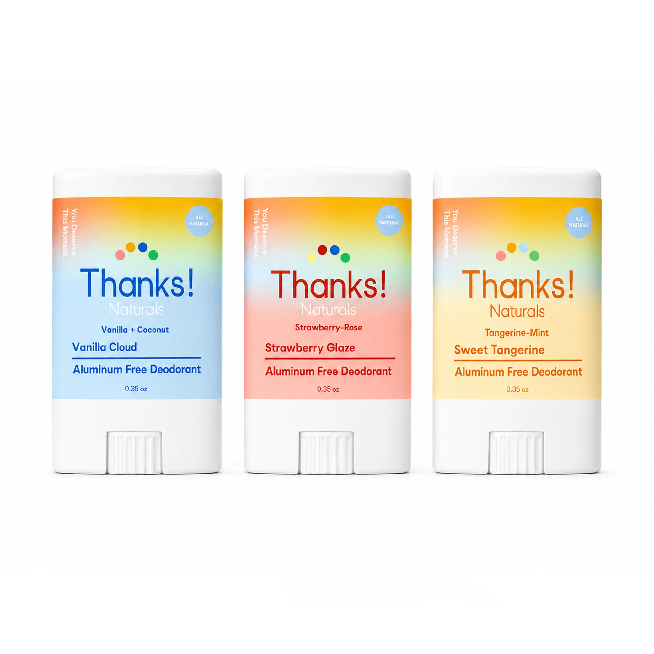 Thanks Naturals Mini Deodorant Trio, 3 Pack of Aluminum-Free Natural Deodorants with Sweet Tangerine, Vanilla Cloud & Strawberry Glaze Scents, Odor-Fighting Body Care, Travel Size, 0.35 oz Each, Bright, Lightweight