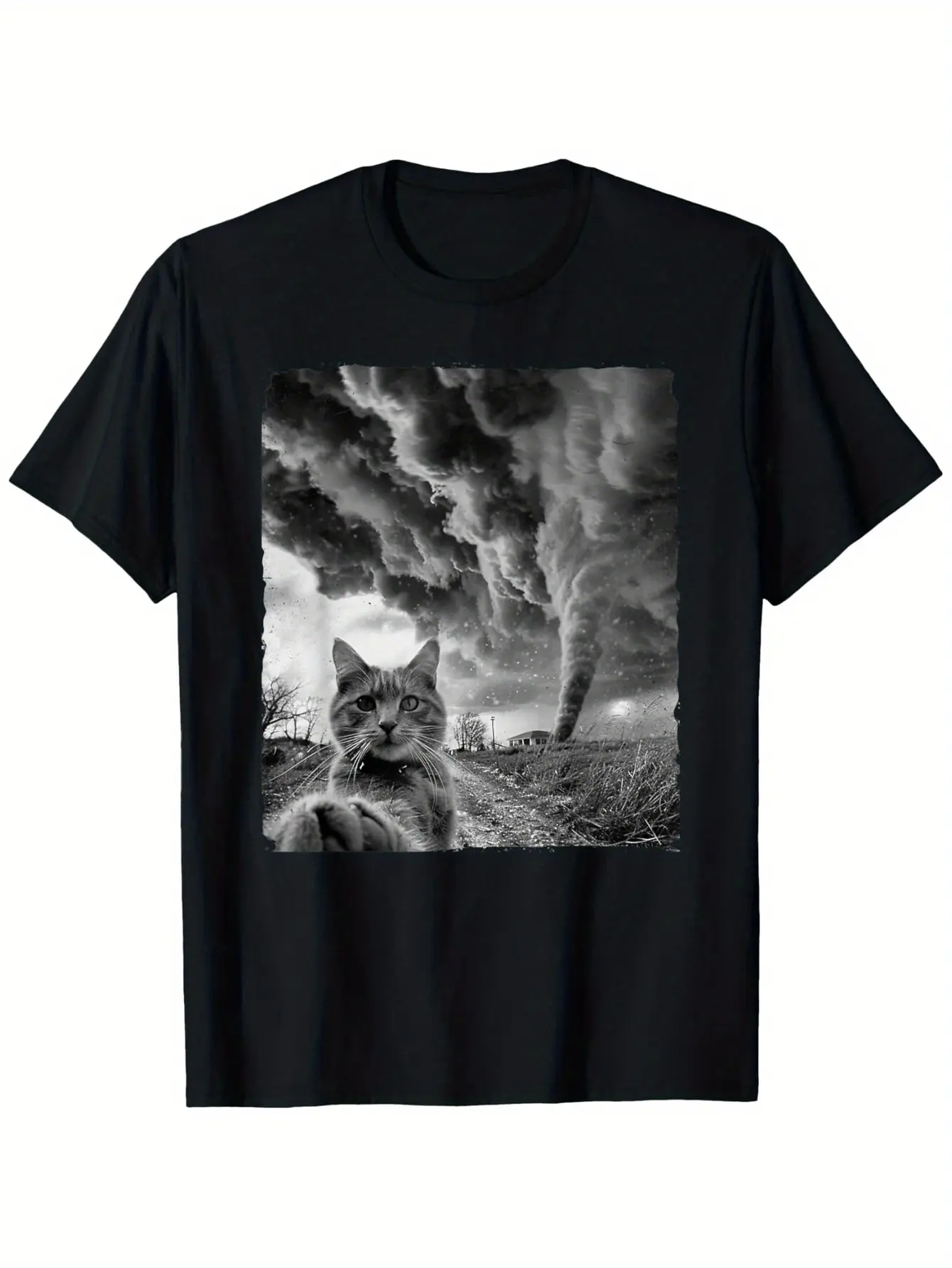 Funny Cat Selfie Tornado Storm Graphic T-Shirt - B unisex soft cotton short sleeve t shirt, vintage graphic casual tee for men women teens, perfect birthday holiday gift for camping travel gym daily street casual wear