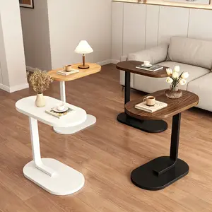 Modern C-Shaped Sofa Side Table & Coffee Table, Modern End Table - Compact, durable wood & iron construction, 2 colors (black frame + walnut finish / white frame + wood finish) - Sturdy frame, suitable for living room, bedroom, RV & balcony décor.