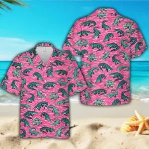 Pink Alligator Hawaiian Shirt for Men Women, Funny Crocodile Aloha Button Up, Blue Gator Tropical Reptile Beach Vacation Party Shirt Gift