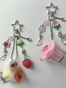 Japanese Pudding Keychain, Egg Milk Pudding Pendant, Y2K Heisei Retro Aesthetic Bead Accessories, Vintage Style Jewelry