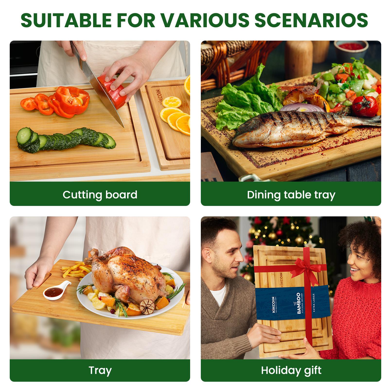 4-Piece Extra Large Bamboo Cutting Boards with Storage Stand, Kitchen Gadgets with Juice Grooves, Knife-Friendly, Invisible Handles, Multifunctional Chopping Boards, Ideal Gift for Family, Friends,Mother's Day,Halloween Christmas Non-slip Chopping Board