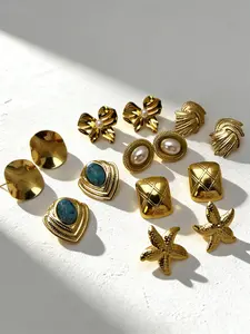 Boho Gold Statement Earrings for Women, Waterproof Stainless Steel Gold Studs with Pearl/Turquoise, Trendy Fashion Jewelry Gift for Her