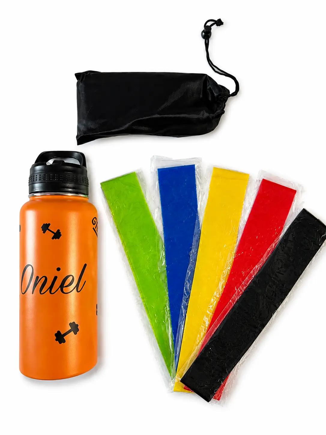 Gym kit that includes a personalized 32oz bottle and 5 resistance bands. Write name for customisation in order notes or in the chat after purchase.