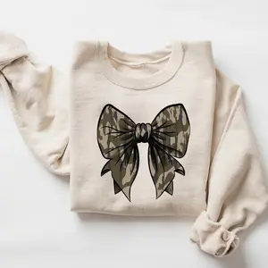 Camo Bow Sweatshirt, Camo Coquette Bow Shirt, Duck Hunting T-shirt, Hunting Lover Gift, Women's Camouflage Bow Sweatshirt, Camouflage Bow