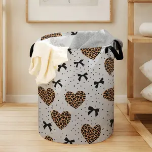 Valentine Leopard Heart Print Laundry Basket with Handle, Durable Halloween Foldable Storage Basket, Large Capacity Toy Organizer