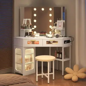 Corner  Desk   And Lights, Corner  Table  Charging Station, Power Strip, Corner Makeup    And Chair, 3 Color Dimmable Lighting, White/Black/Grey Vanity with mirror wooden
