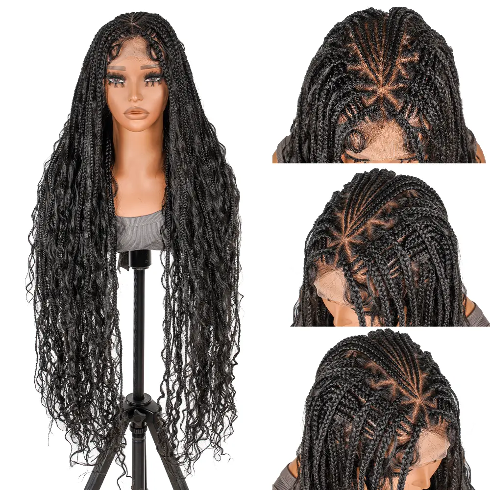 SuperNova #1B 36” Boho Full Lace Braided Wig, Lightweight, Versatile & Trendy, Special Top Design, Perfect for Any Occasion, Effortless Glamour #SummerVibes Braided Hair Wig Boho Box Braid