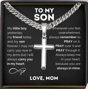 1pc gift for my son Trendy men’s necklace with Cuban link chain and cross pendant. Non-rusting, washable Graduation gift Festive Christmas couples gift High-quality souvenir Perfect for everyday parties (Comes with a beautifully packaged bag)
