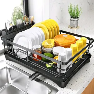 Dish Drying Rack for Kitchen Counter - Large Dish Rack with Drainboard, Rustproof Dish Drainer with Utensil Holder for Sink, Black