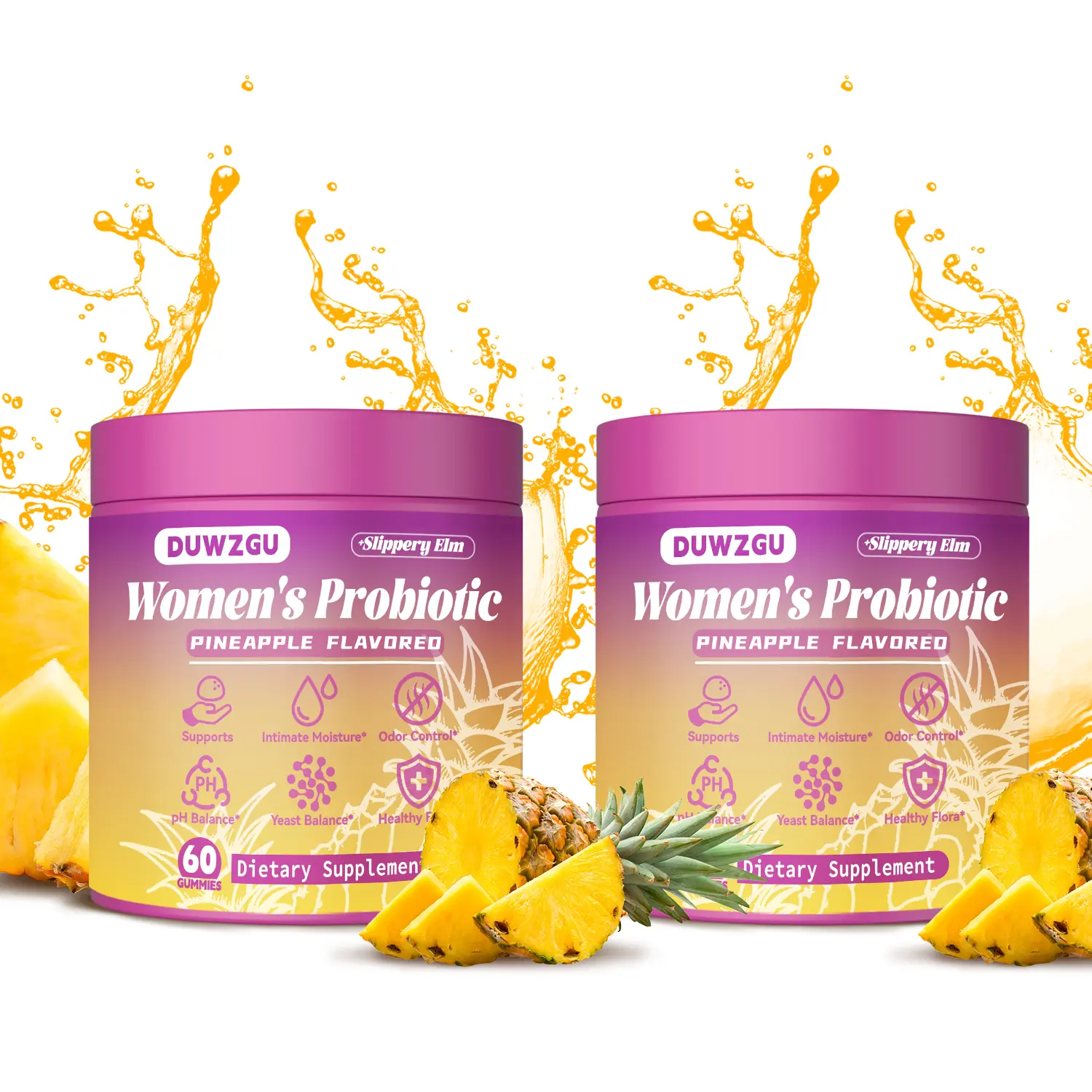 Feminine Probiotics Gummies - All in One Solution with Slippery Elm and Prebiotics & Lactobacillus Probiotic Blend for Women's pH Balance and Dryness - Pineapple Gummies
