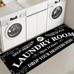 1 Pc Black Background Laundry Room Rug Soft And Comfortable Long Strip Carpet Printed Mat Anti Slip Floor Mat Suitable For Kitchen Living Room Bedroom Sink Laundry Room Decoration Carpet Mat