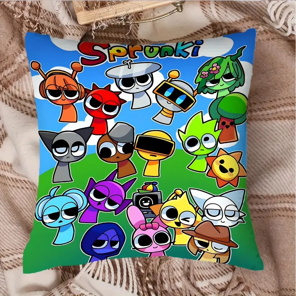 1pc Sprunkis Cartoon Character Print Pillow Cover - Dual-Sided Vibrant Design, Zipper Closure, Machine-Wash Polyester, Gift-Ready Home Accent for Living Room, Bedroom (No Insert Included)