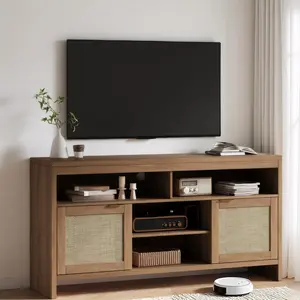 Brown Boho TV Stand for TV up to 65 Inch 58inch Modern Rattan Entertainment Center with Storage and Adjustable Shelves Wooden Media TV Console Cabinet with Doors for Living Room/Bedroom/Apartment/Farmhouse(Oak)