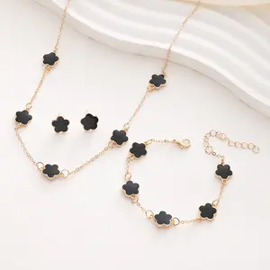 LUX-JELWEL - Lucky Five-petal Flower Bracelet Earrings Necklace Three-piece set for Women New Stylish Accessories Wedding Party Jewelry Gift