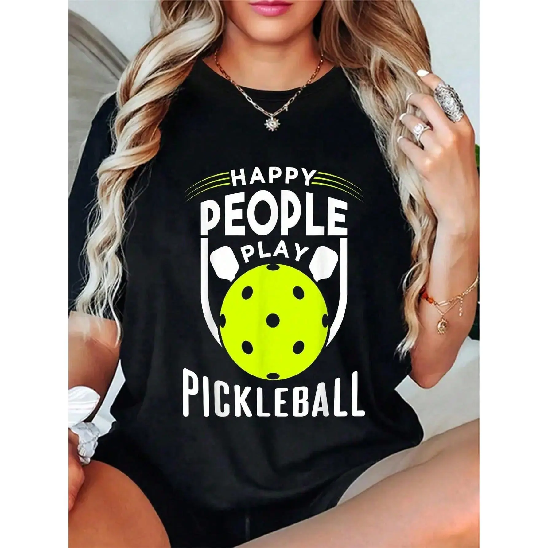 Women's Casual Graphic Tshirt - All Seasons Crew Neck Short-Sleeve Breathable Knit Cotton Top, Pickleball Slogan Print, Plant Print, Christmas Appropriate