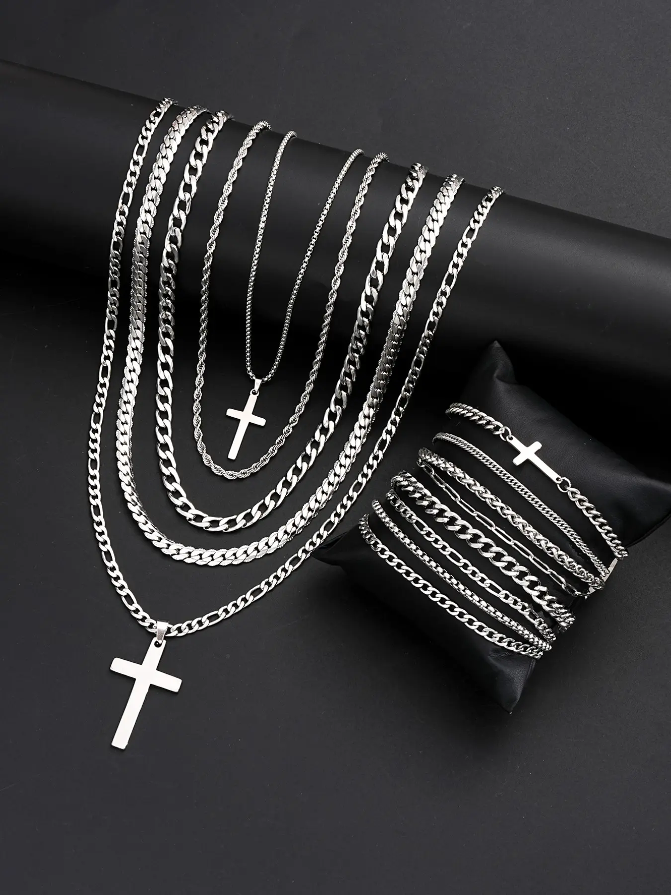 Men's Trendy Jewelry Set, 13-Piece Punk Style Cross Cuban Chain Necklace And Bracelet Set, Casual All-Season Gift for Dad, Boyfriend, Friend